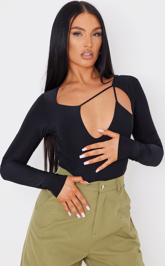 Black Slinky Strappy Cut Out Long Sleeve Bodysuit