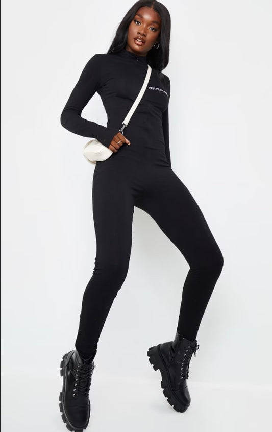 Tall Black Embroidered Zip Front Jumpsuit