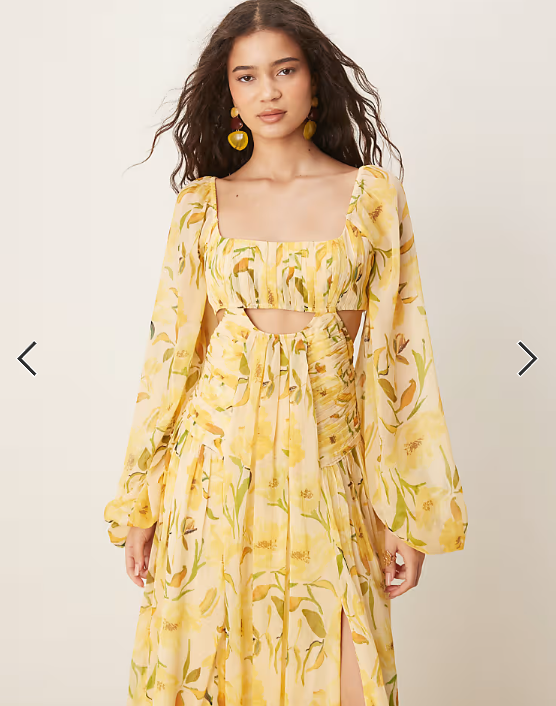 ASOS DESIGN long sleeve cut out maxi dress with ruched skirt in yellow floral print