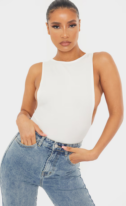 White Crepe Side Boob Thong Bodysuit
