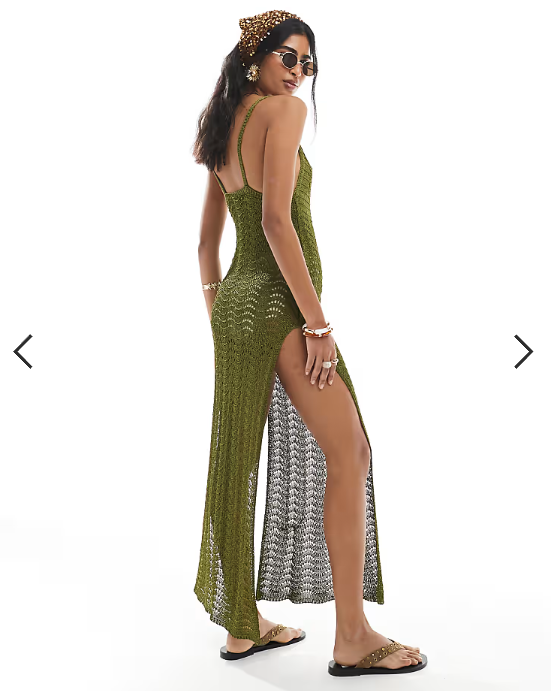 Miss Selfridge deep v neck knitted crochet maxi dress in dark olive