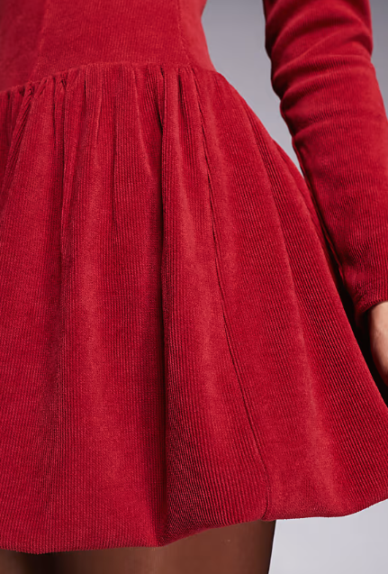 ASOS DESIGN cord dropped waist bubble hem mini in cherry red