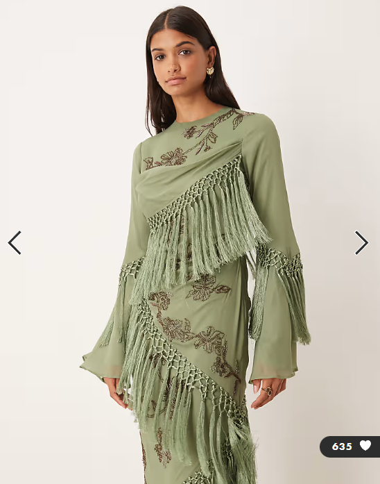 ASOS DESIGN long sleeve floral embellished maxi dress with draped fringing in light khaki