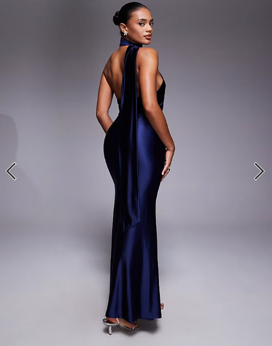 Rare London stretch satin asymmetric scarf detail maxi dress in navy