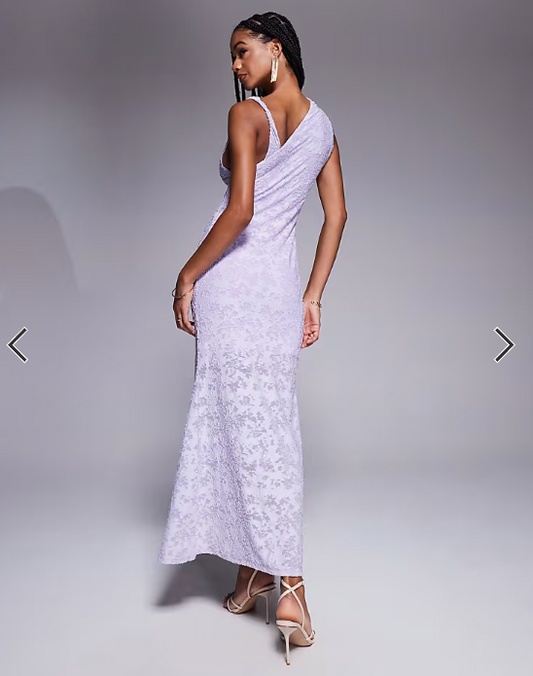 ASOS DESIGN twisted shoulder devore maxi dress in lilac