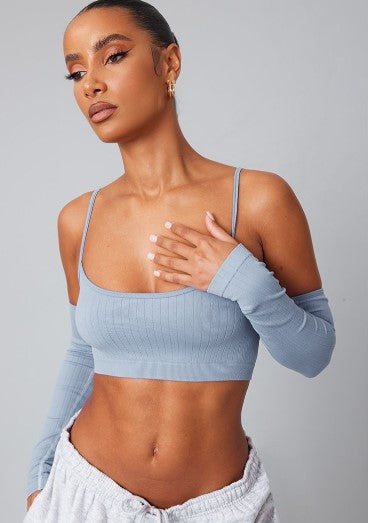 Washed Blue Wide Contour Rib Cold Shoulder Crop Top