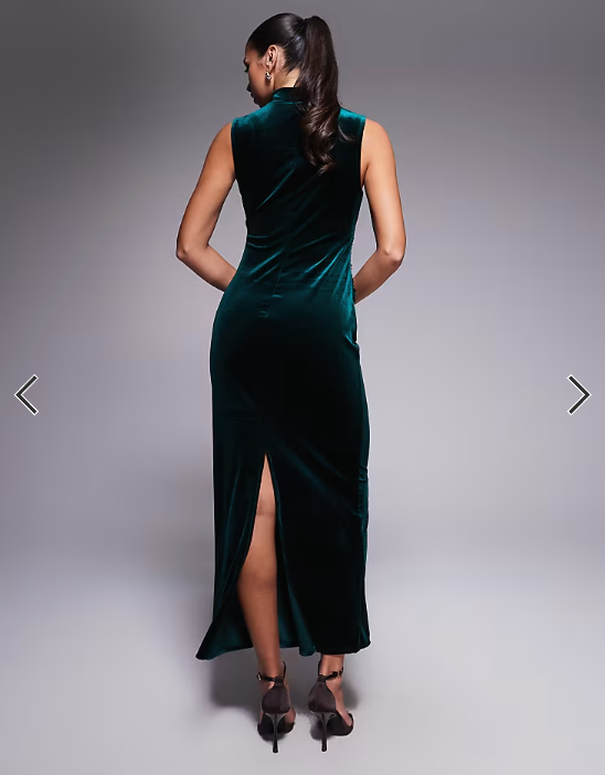 ASOS DESIGN velvet sleeveless high neck maxi dress in dark green