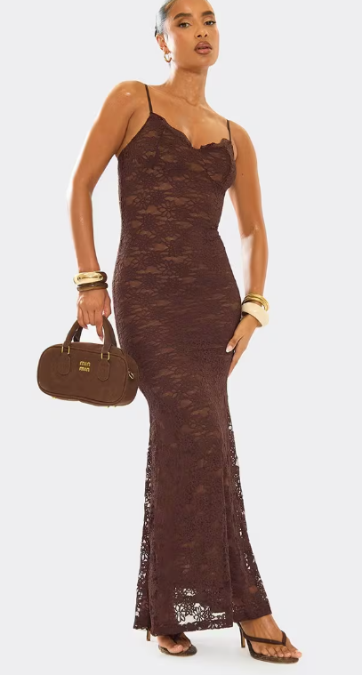 Ego - Strappy Cupped Detail Maxi Dress In Brown Lace