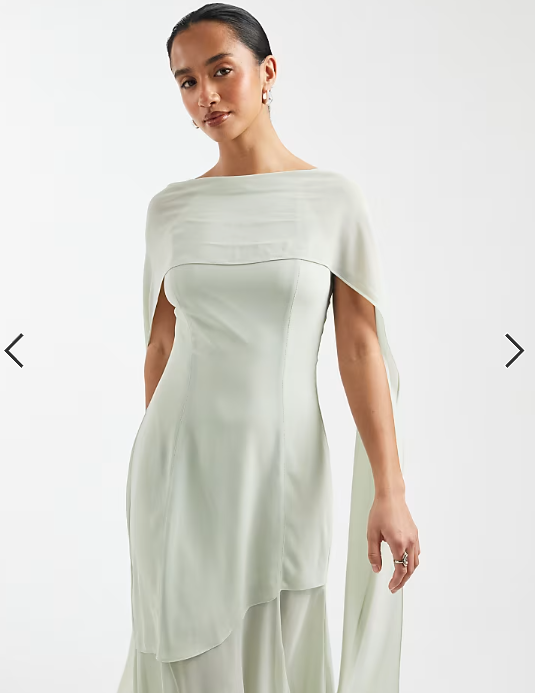 TFNC Petite Bridesmaid chiffon sheer skirt scarf detail maxi dress in sage green