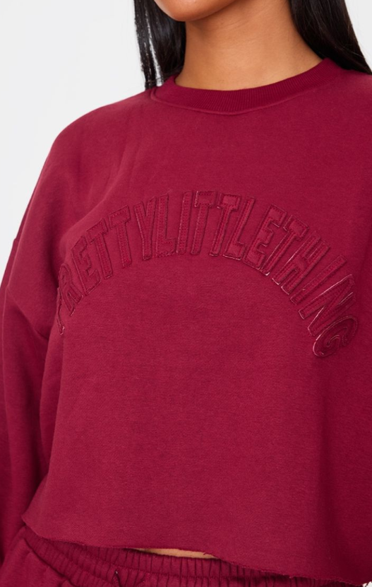 Plt - Tall Burgundy Distressed Varsity Cropped Sweatshirt