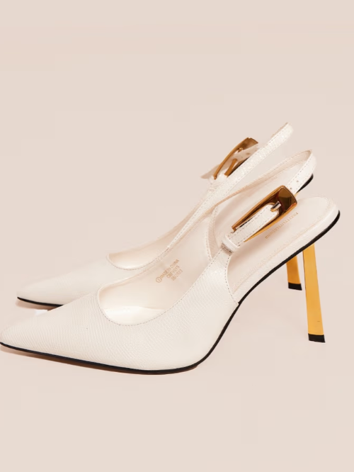 Plt - White PU Point Toe Croc Sling Back High Heeled Court Shoes