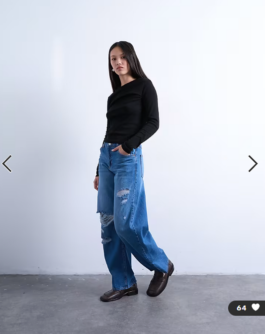 Topshop barrel jean with thigh rips in vintage blue