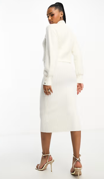 Morgan 2 in 1 wool mix cable knit midi jumper dress in white