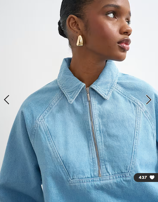 Topshop denim collared quarter zip blouson jacket in mid blue