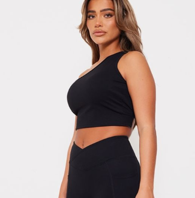 Black Contour Sculpt Strappy One Shoulder Crop Top