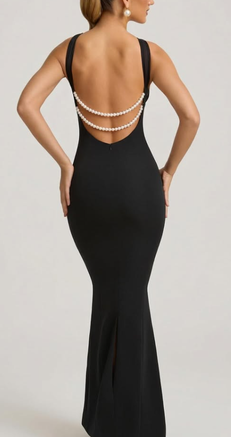 OhPolly-Pearl-Detail Halterneck Maxi Dress in Black