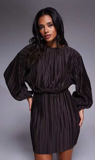 ASOS DESIGN plisse blouson sleeve and waist mini dress in chocolate