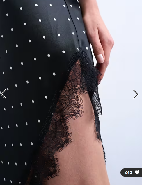 Topshop satin asymmetric lace trim midi slip dress in black polka dot
