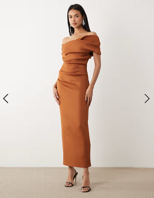 ASOS DESIGN bardot midi dress with split in brown scuba-style fabric