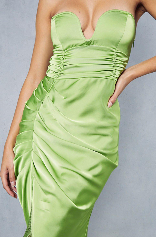 Premium Satin V Bar Tassle Hem Draped Midi Dress
