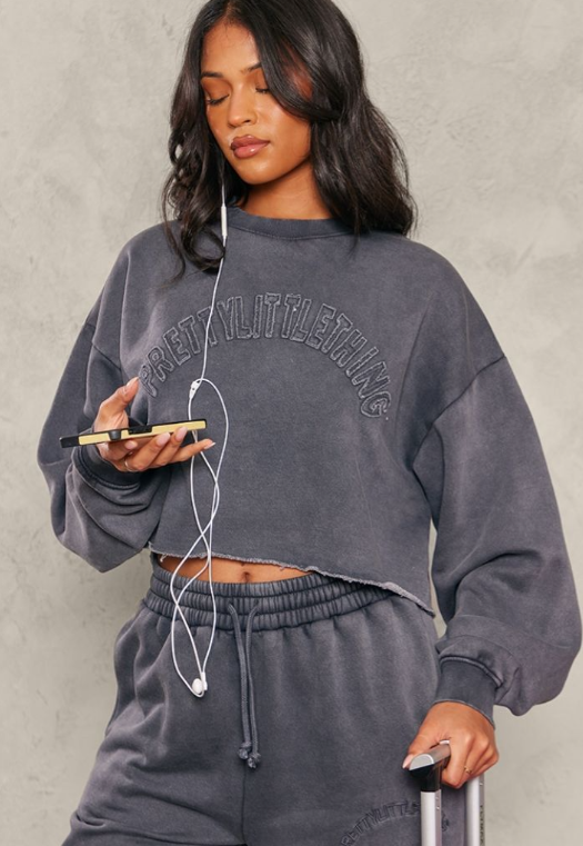 Plt - Tall Charcoal Blue Distressed Varsity Cropped Sweatshirt