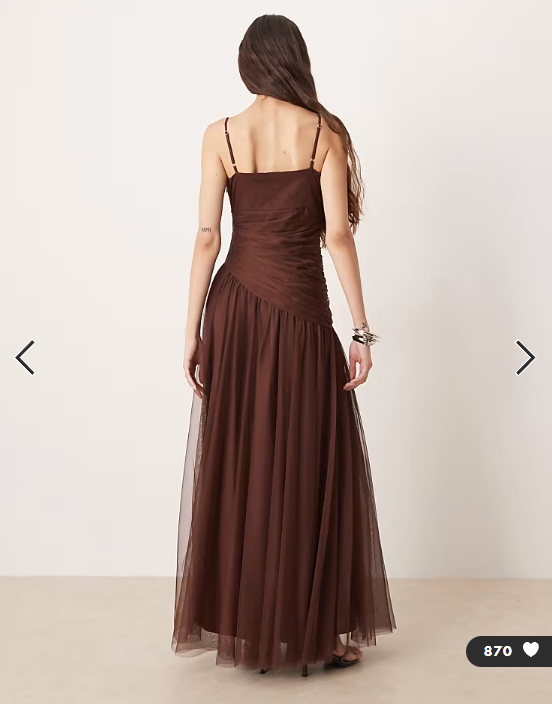 Lace & Beads tulle asymmetric drop waist maxi dress in chocolate brown