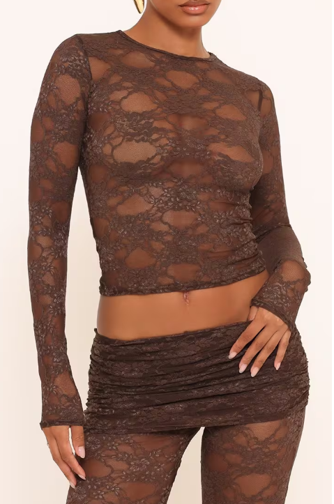 Ego - Fold Over Waistband Leggings In Brown Lace