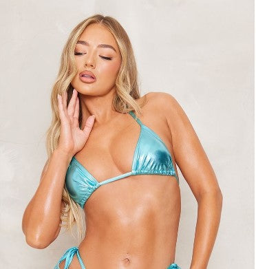 AQUA BLUE METALLIC ADJUSTABLE STRING TIE PADDED TRIANGLE BIKINI TOP