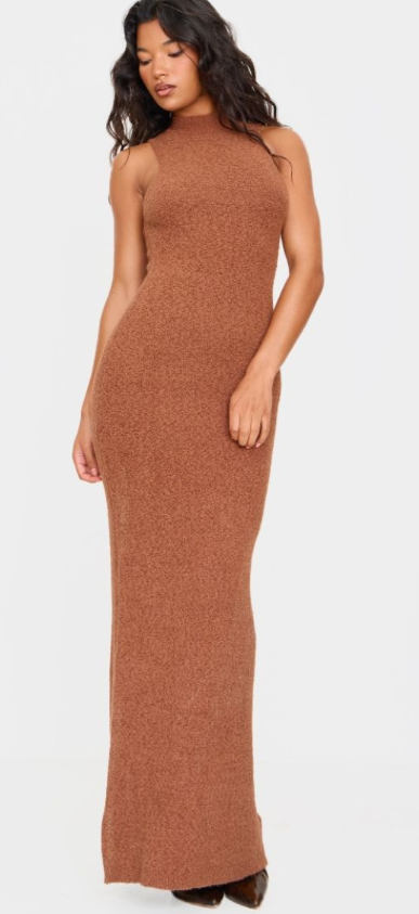 Mocha Fluffy Boucle Knit Racer Dress
