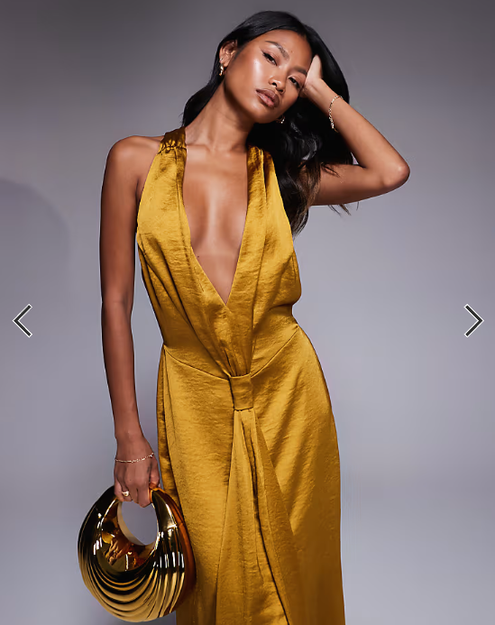 TFNC satin deep v halter neck knot detail drape front maxi dress in mustard