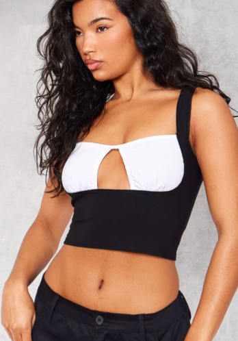Black Stretch Woven Cut Out Contrast Bust Crop Top