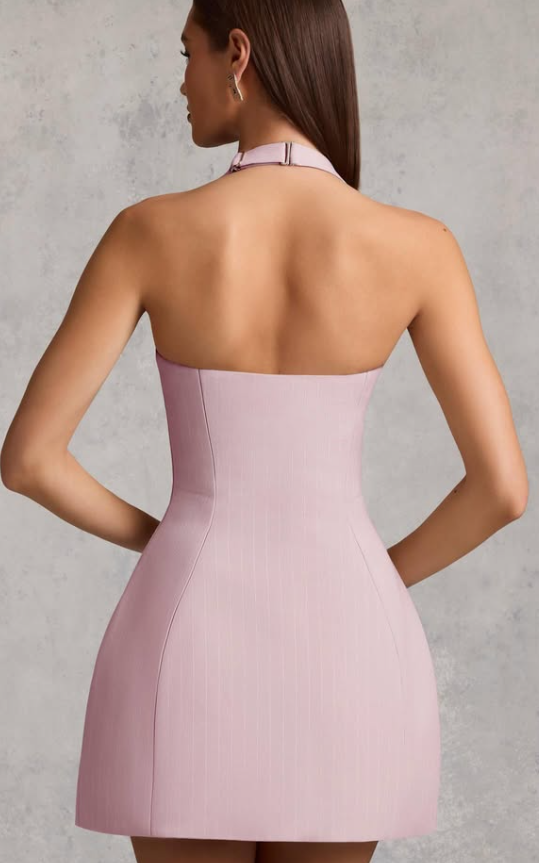 OhPolly-Pinstripe Halterneck Structured A-Line Mini Dress in Mauve