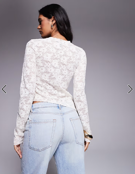 Brave Soul high neck long sleeve lace top with assymetric hem in cream