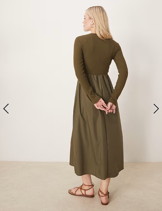 Threadbare long sleeve midi dress in khaki with poplin skirt