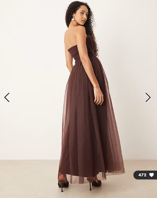 Lace & Beads tulle waistband bandeau maxi dress in chocolate plum