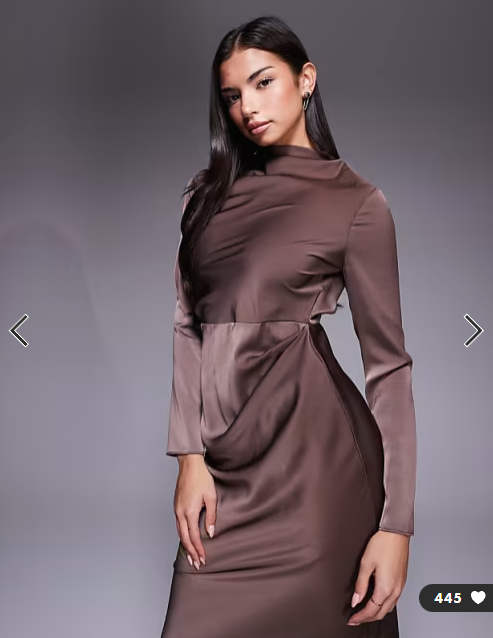 ASOS DESIGN long sleeved high neck pleated bodice midi dress in chocolate