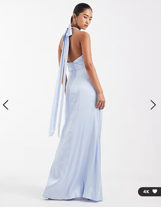 TFNC Bridesmaid satin halter neck pleat detail maxi dress in blue