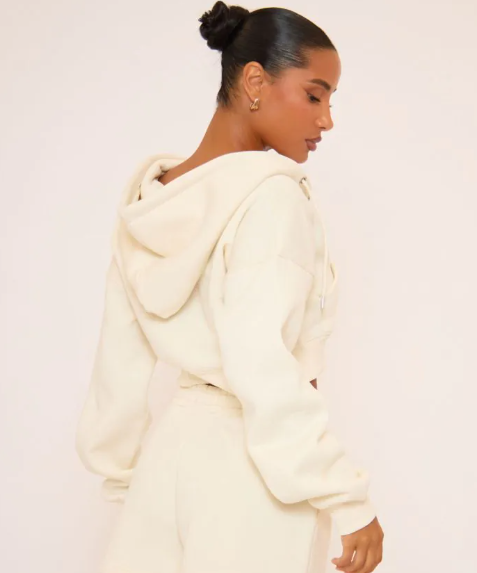 Logn Sleeve Double Zip Front Boxy Hoodie In Cream