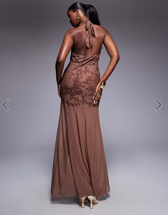 ASOS DESIGN highneck maxi dress with sheer skirt in brown