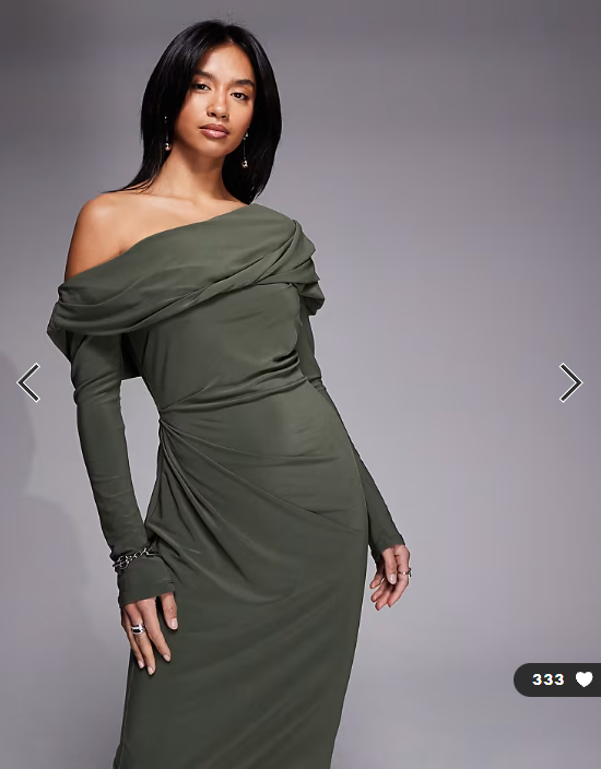 ASOS DESIGN Petite slinky long sleeve fallen shoulder with drape and ruching detail maxi dress in khaki