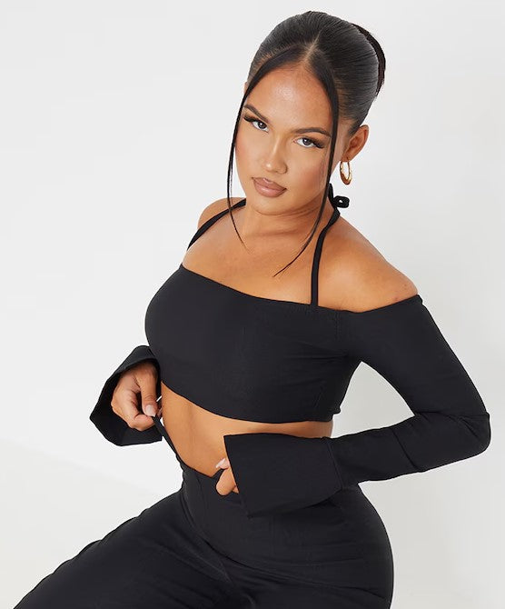 Black Stretch Woven Halterneck Bardot Crop Top