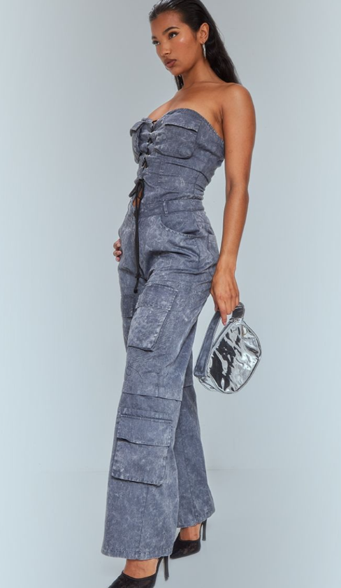Grey Acid Wash Bandeau Lace Up Utility Jumpsuit