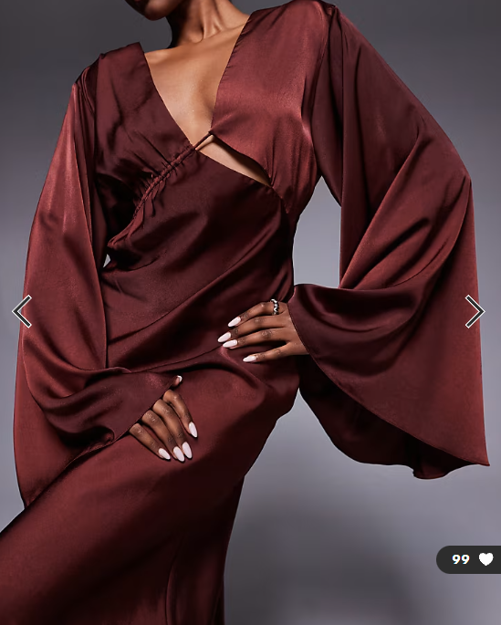 ASOS DESIGN satin asymmetric neckline long sleeve maxi dress with channel detail in chocolate