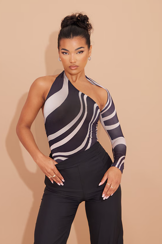 Black Zebra Printed One Shoulder Asymmetric Bodysuit