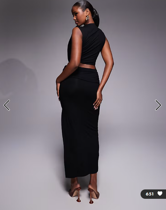 ASOS DESIGN high neck drape detail midi dress with cutout waist in black