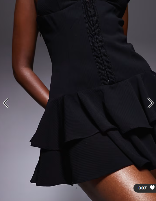 Murci plunge hook & eye ruffle hem mini dress in black
