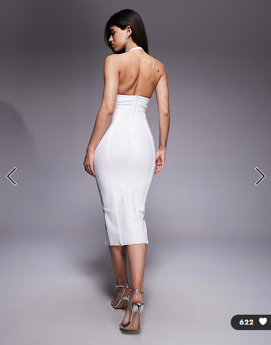 Kaiia exclusive premium sculpting bandage bodycon halterneck plunge midi dress in white