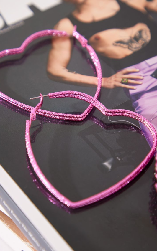 Pink Chrome Textured Heart Outline Statement Earrings