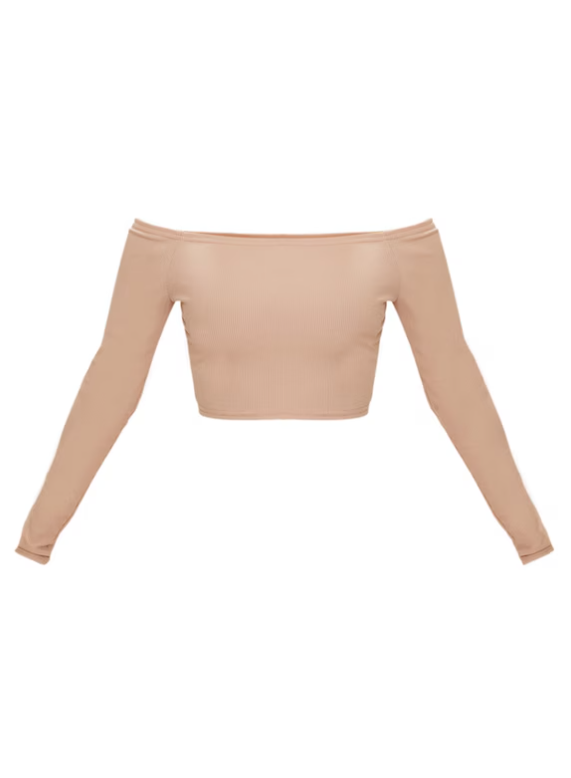 Shape Nude Ribbed Bardot Long Sleeve Crop Top