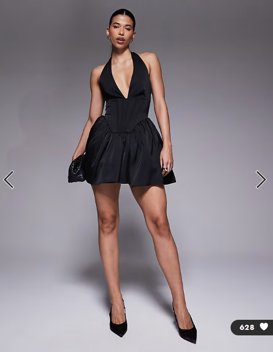 Aria Cove satin plunge halterneck corset detail skater mini dress in black